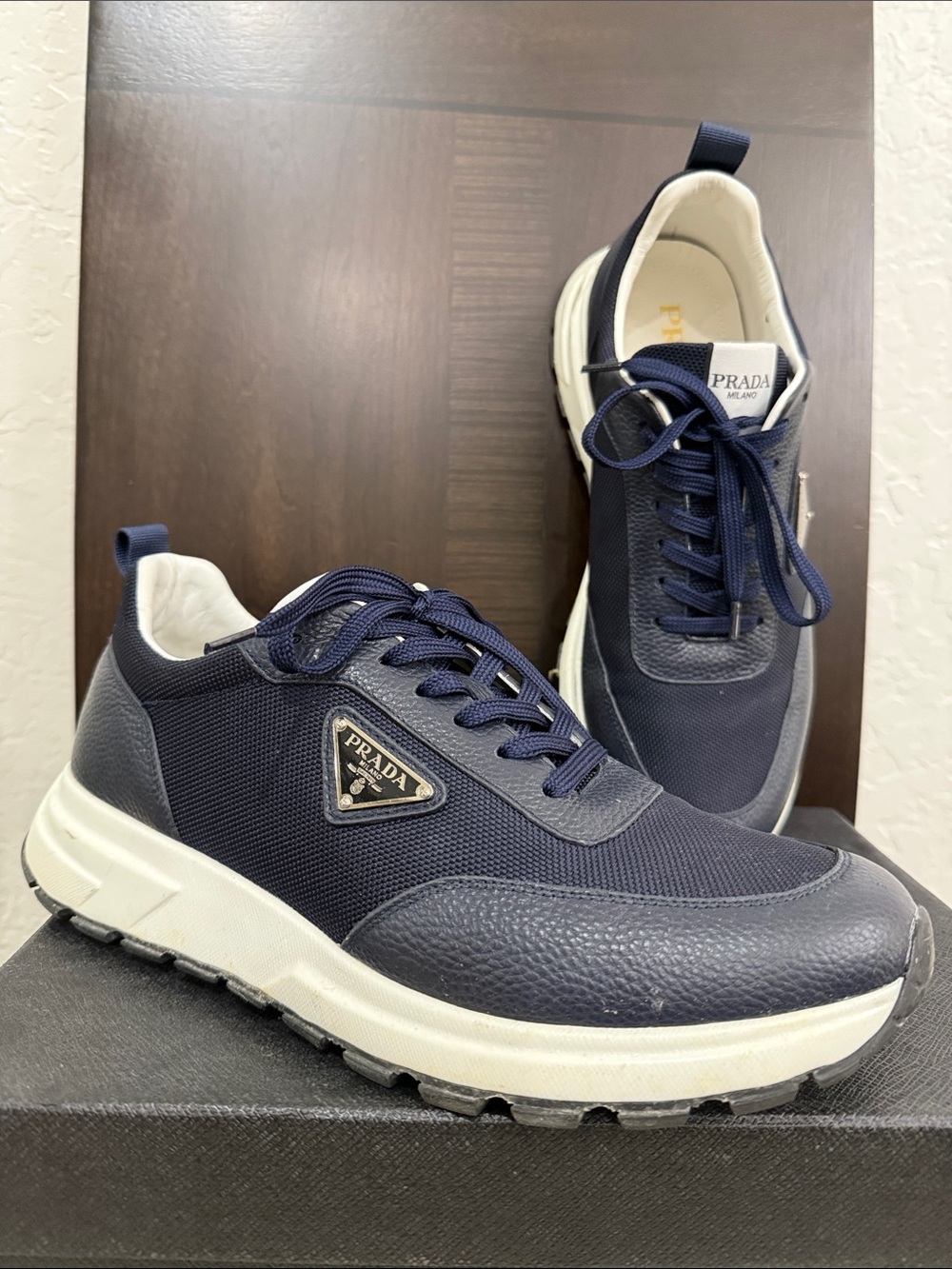 Prada Men’s Navy and White Low-Top Logo Sneakers